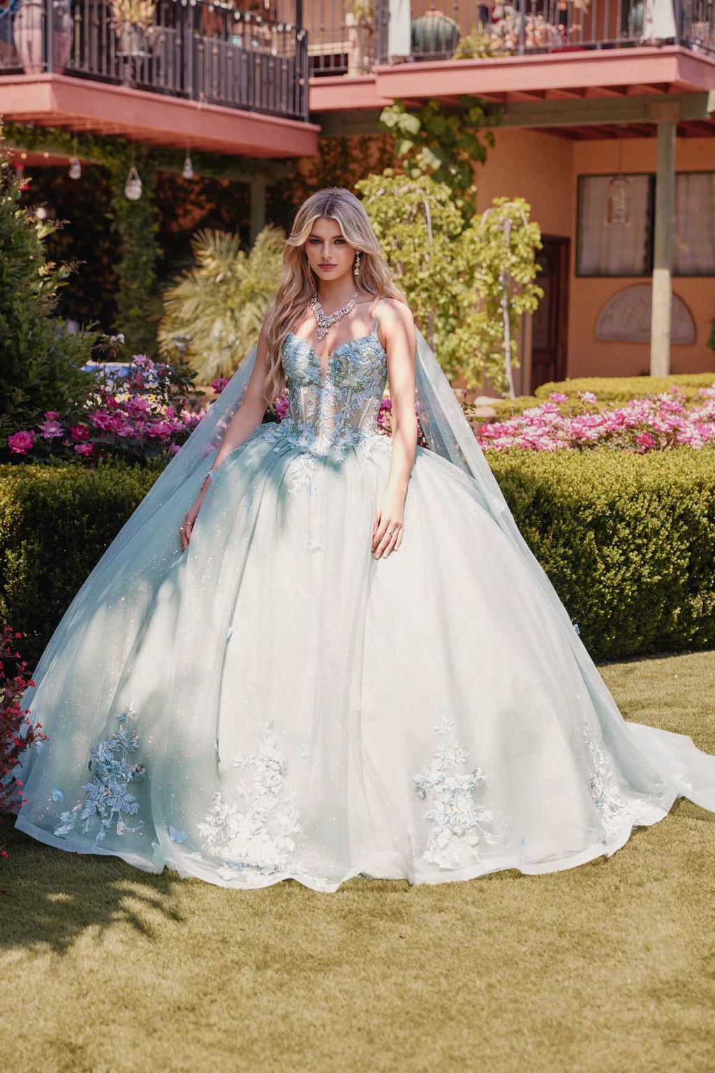 Juliet JT1466H Dress 3D Multi Floral Applique Cape Sleeve Quinceanera Gown