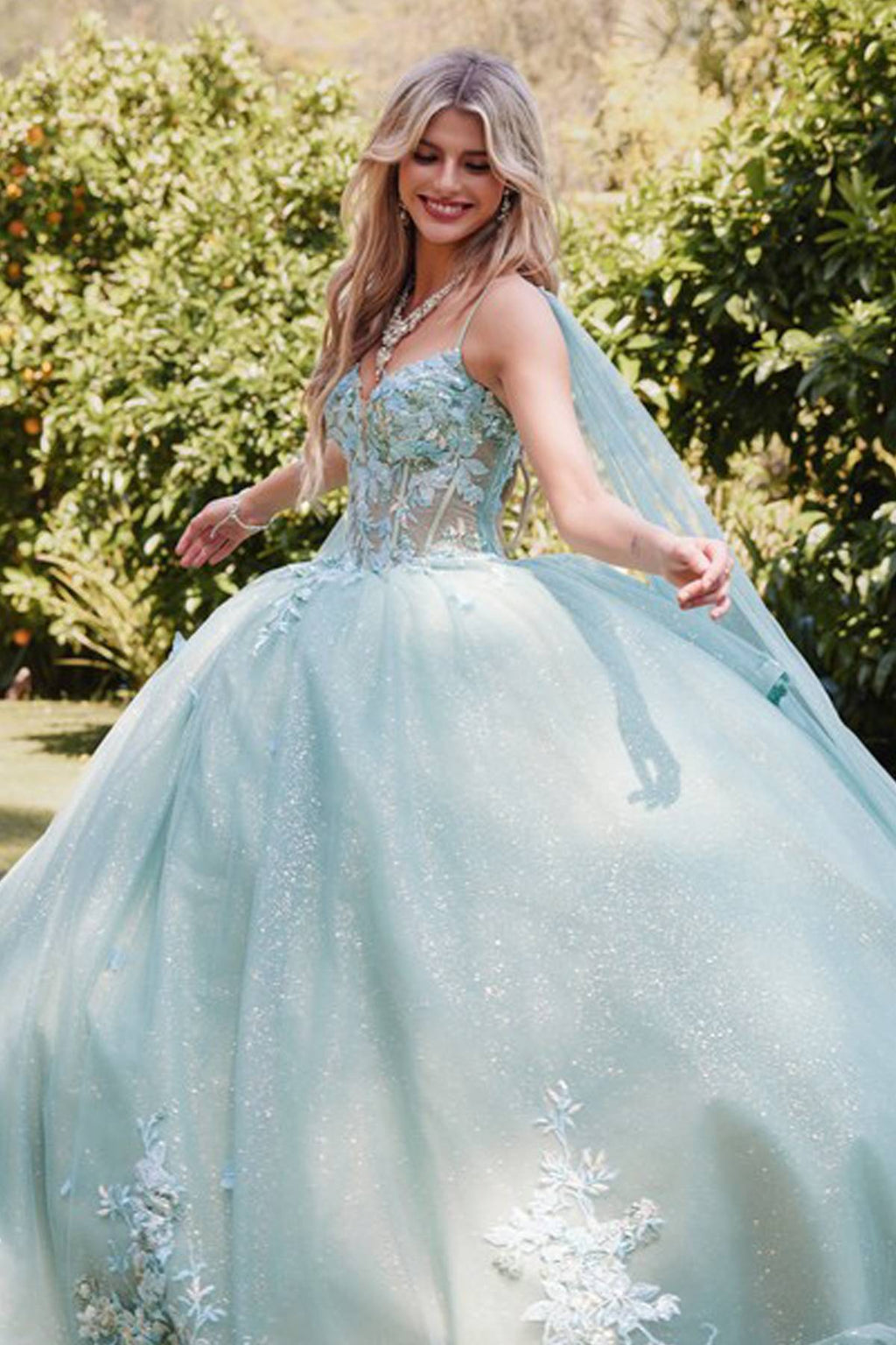 Juliet JT1466H Dress 3D Multi Floral Applique Cape Sleeve Quinceanera Gown