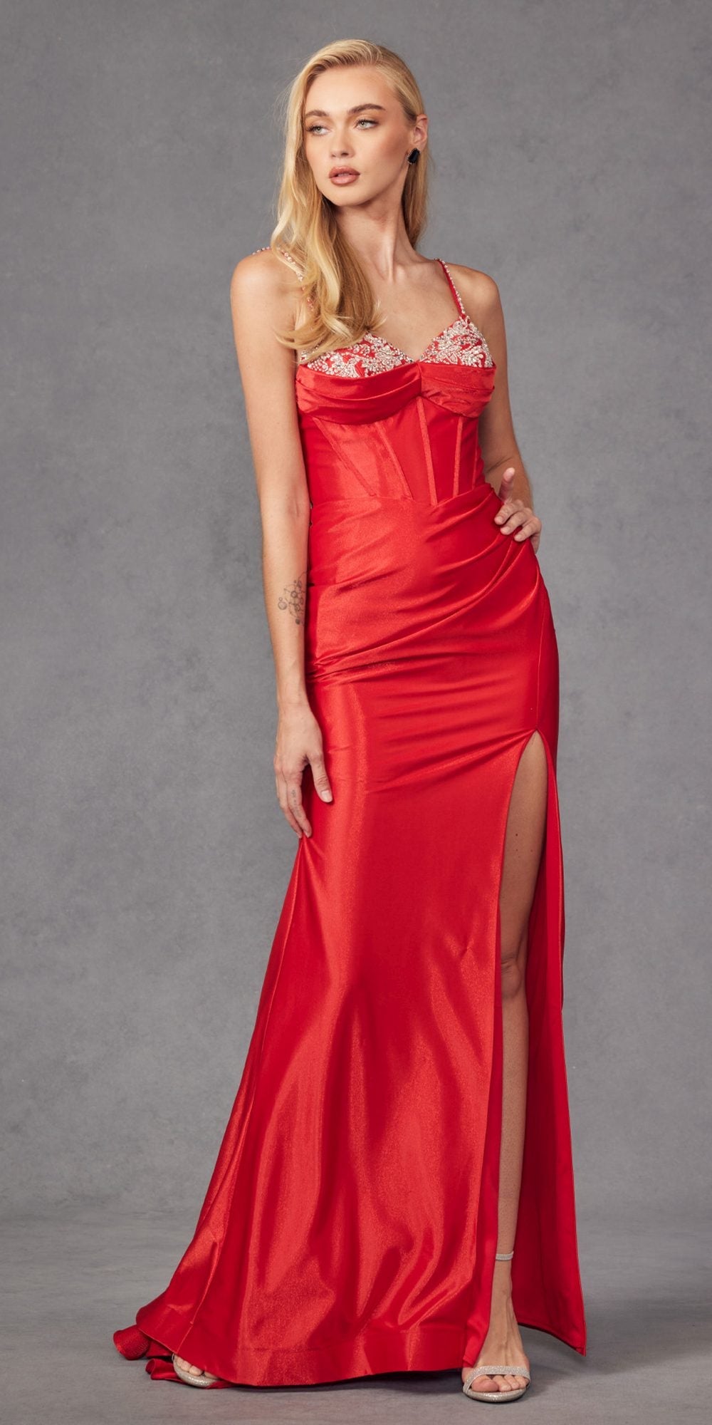 Juliet JT2434A Long V-Neck Embellished Corset Bodice Fitted Mermaid Gown