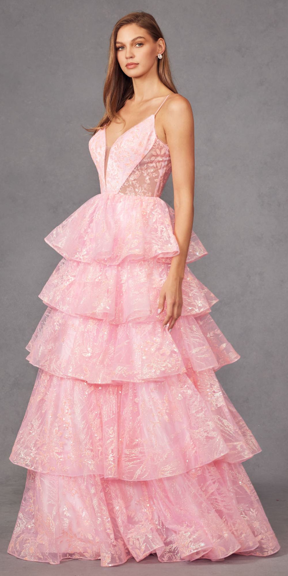 Juliet JT2438K Long Glitter Print Layered Tiered A-Line Gown