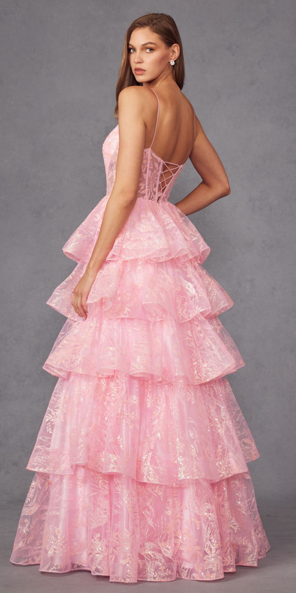 Juliet JT2438K Long Glitter Print Layered Tiered A-Line Gown