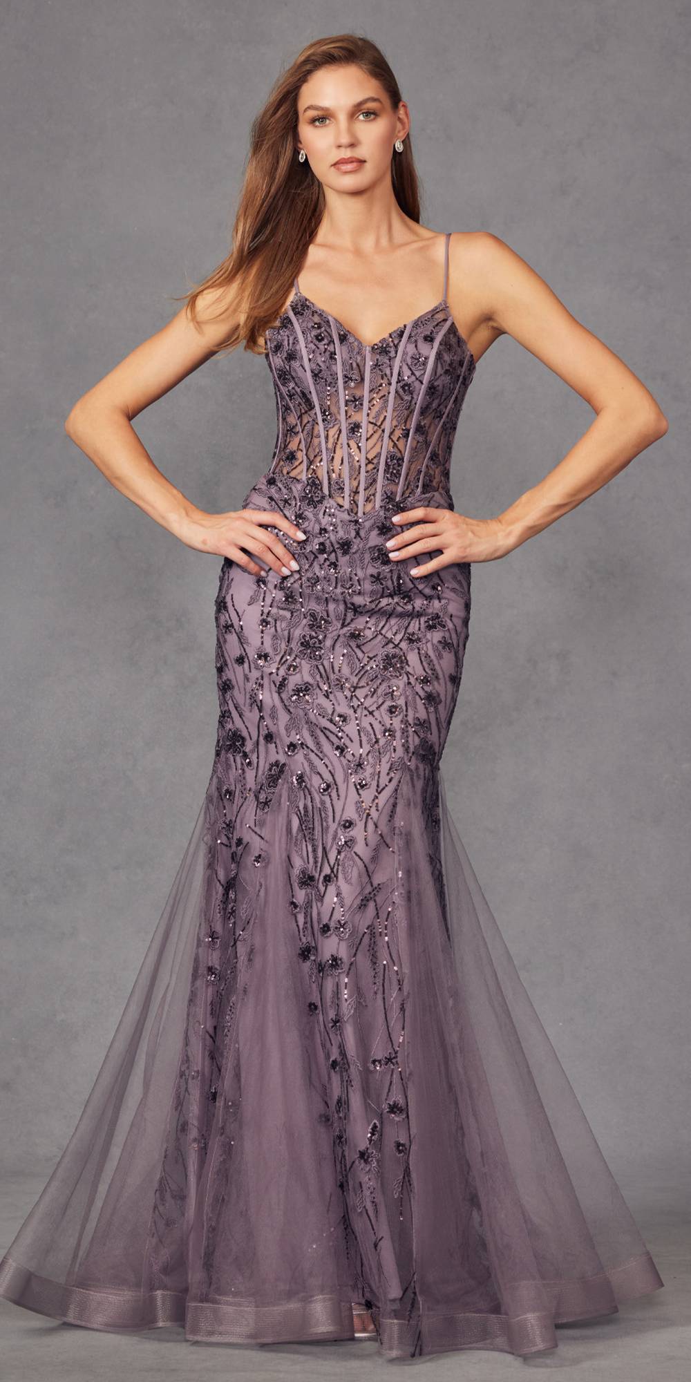 Juliet JT2441S Long Corset Bodice Embellished Sleeveless Mermaid Dress