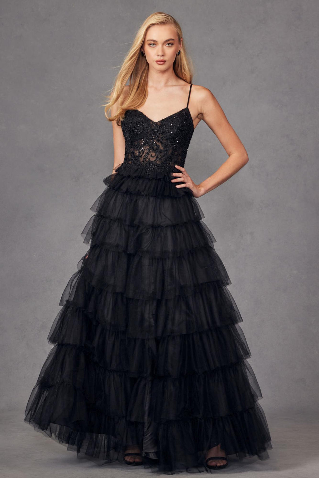 Juliet JT2451S Long Lace Bodice Sleeveless A-line Ruffled Gown