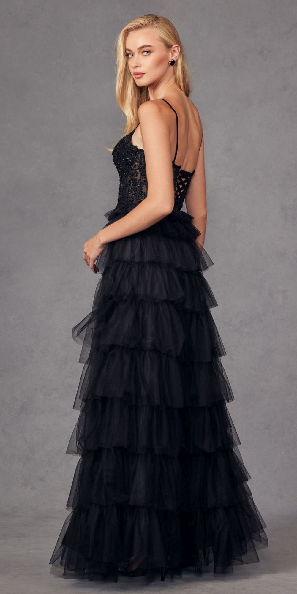 Juliet JT2451S Long Lace Bodice Sleeveless A-line Ruffled Gown