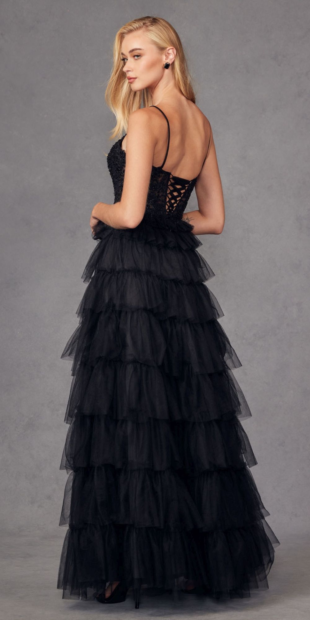Juliet JT2451S Long Lace Bodice Sleeveless A-line Ruffled Gown
