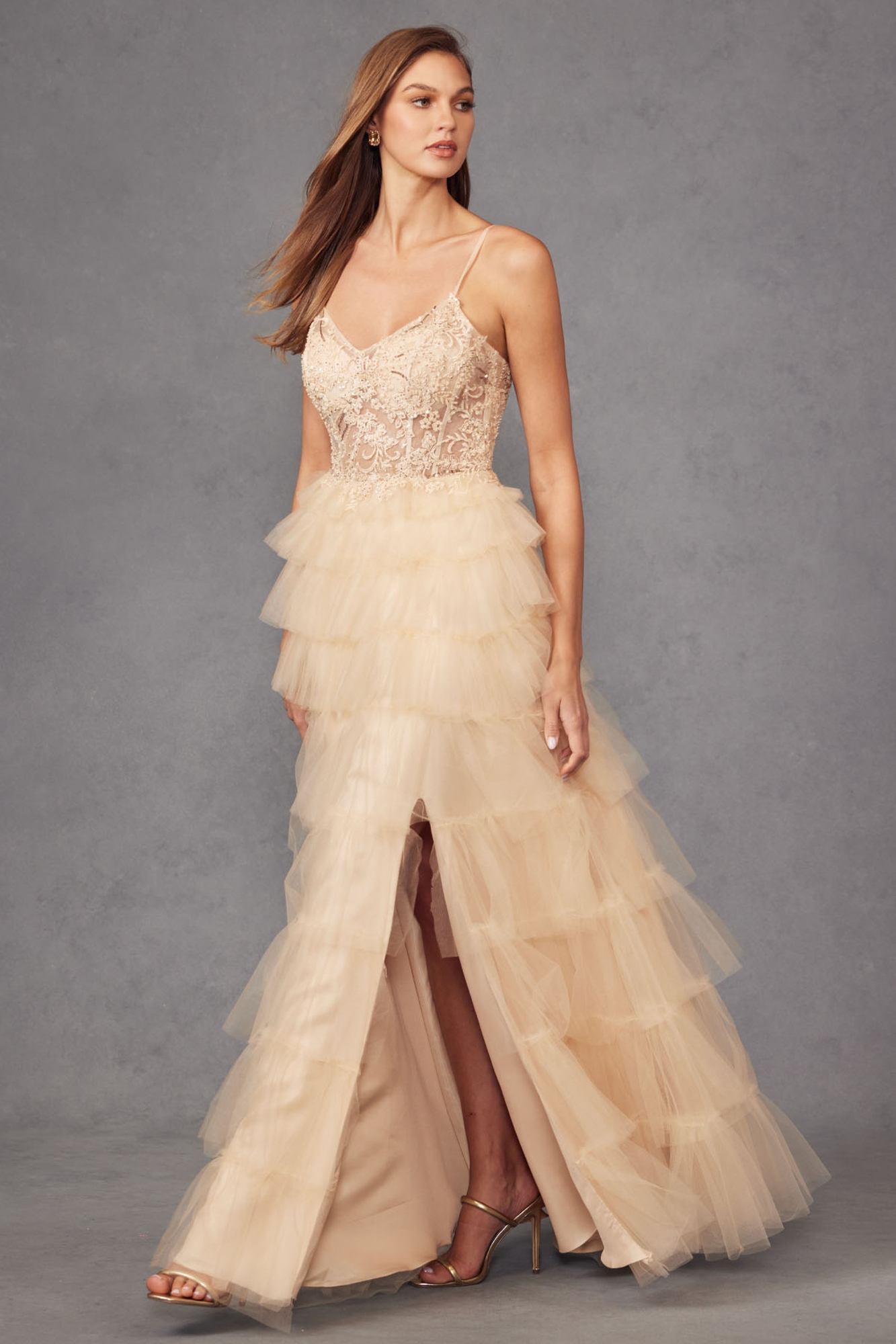 Juliet JT2451S Long Lace Bodice Sleeveless A-line Ruffled Gown