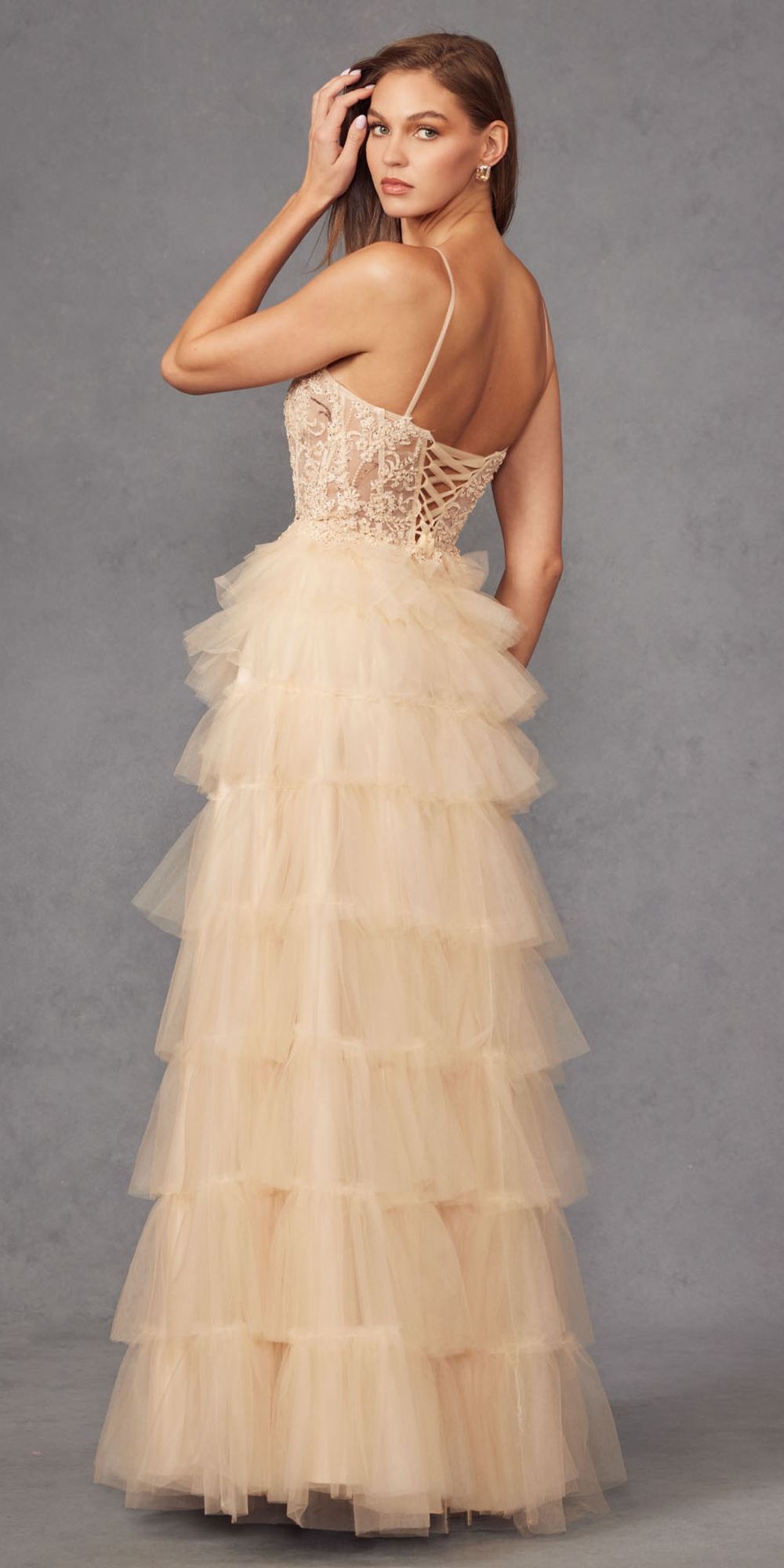 Juliet JT2451S Long Lace Bodice Sleeveless A-line Ruffled Gown