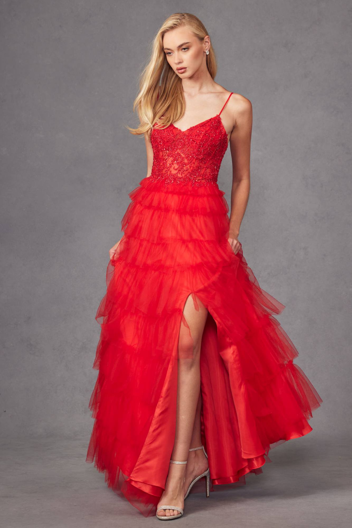 Juliet JT2451S Long Lace Bodice Sleeveless A-line Ruffled Gown