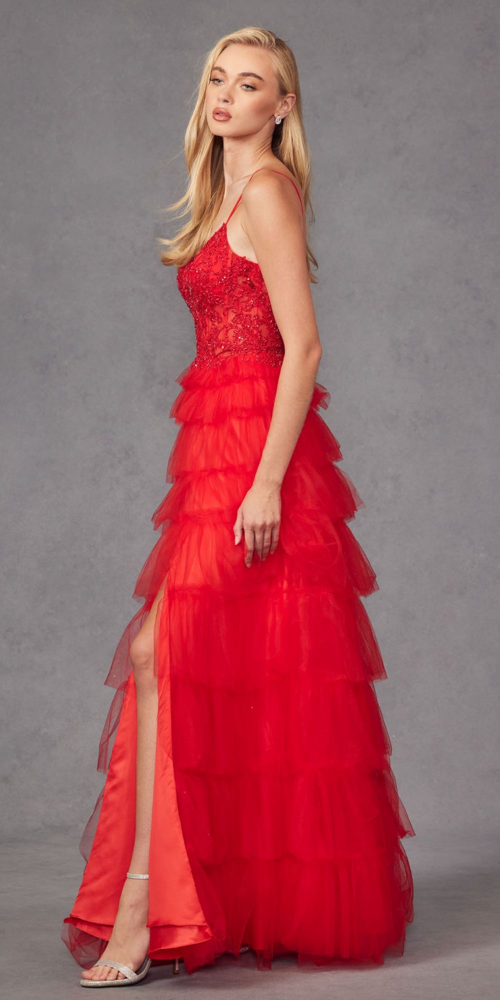 Juliet JT2451S Long Lace Bodice Sleeveless A-line Ruffled Gown