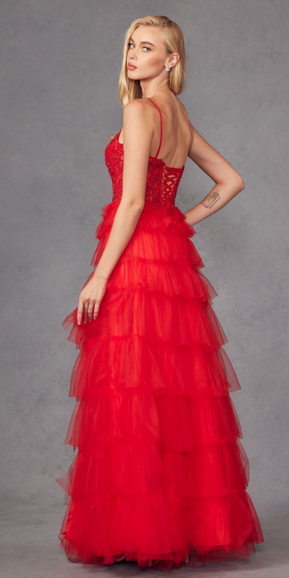 Juliet JT2451S Long Lace Bodice Sleeveless A-line Ruffled Gown