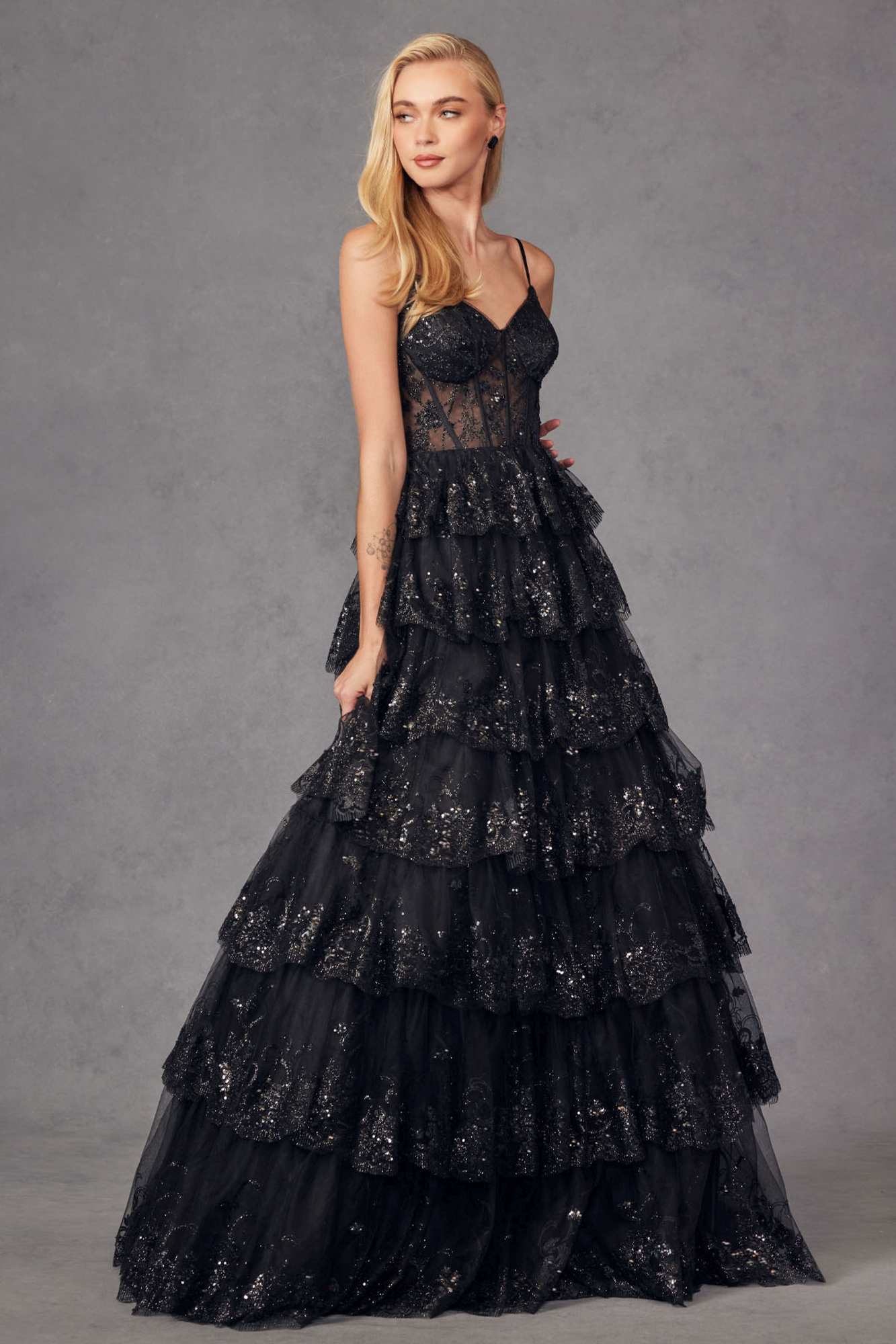 Juliet JT2454K Long Boned Bodice Tiered Layered Sequin Detail A-Line Gown