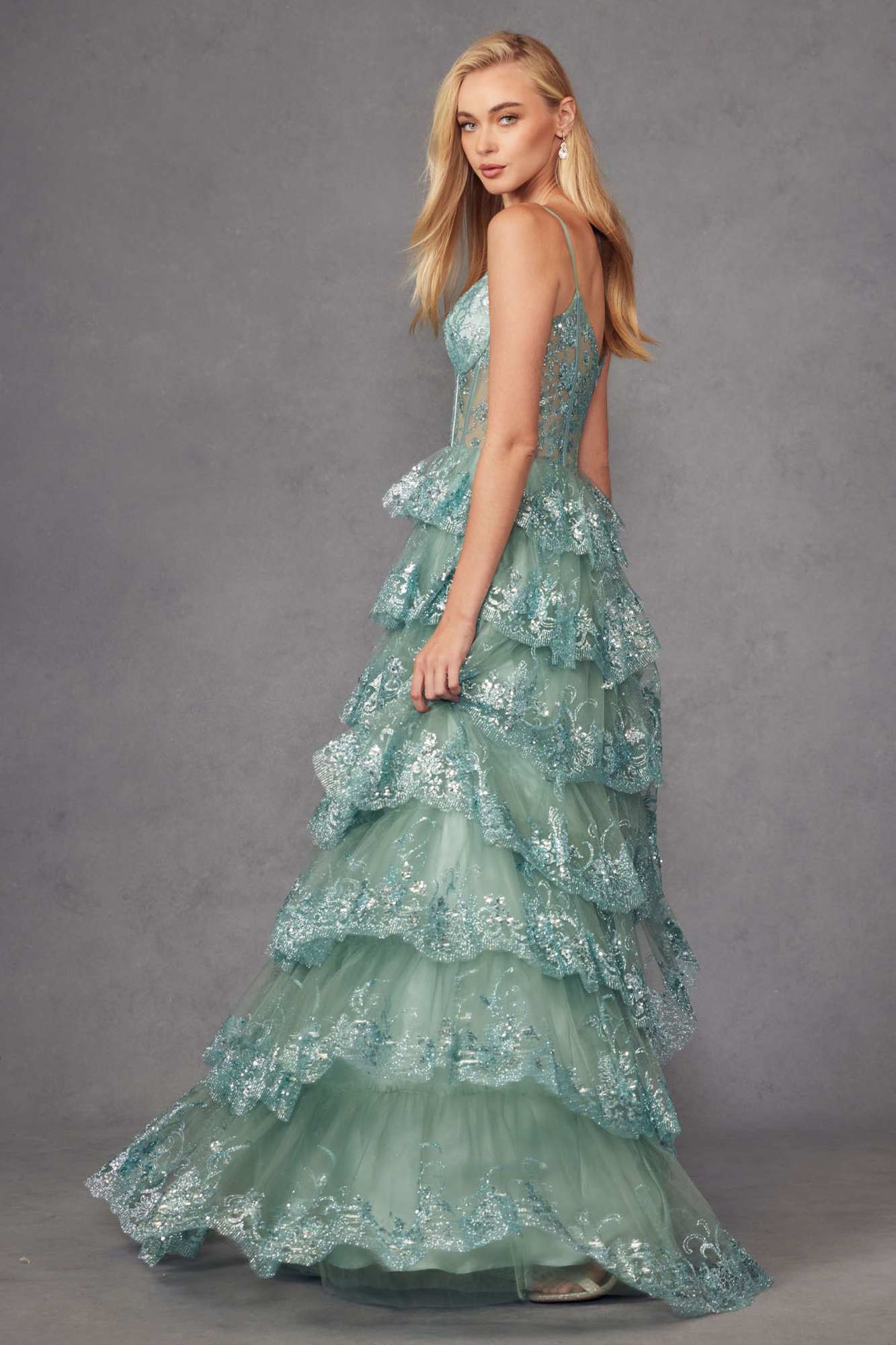 Juliet JT2454K Long Boned Bodice Tiered Layered Sequin Detail A-Line Gown