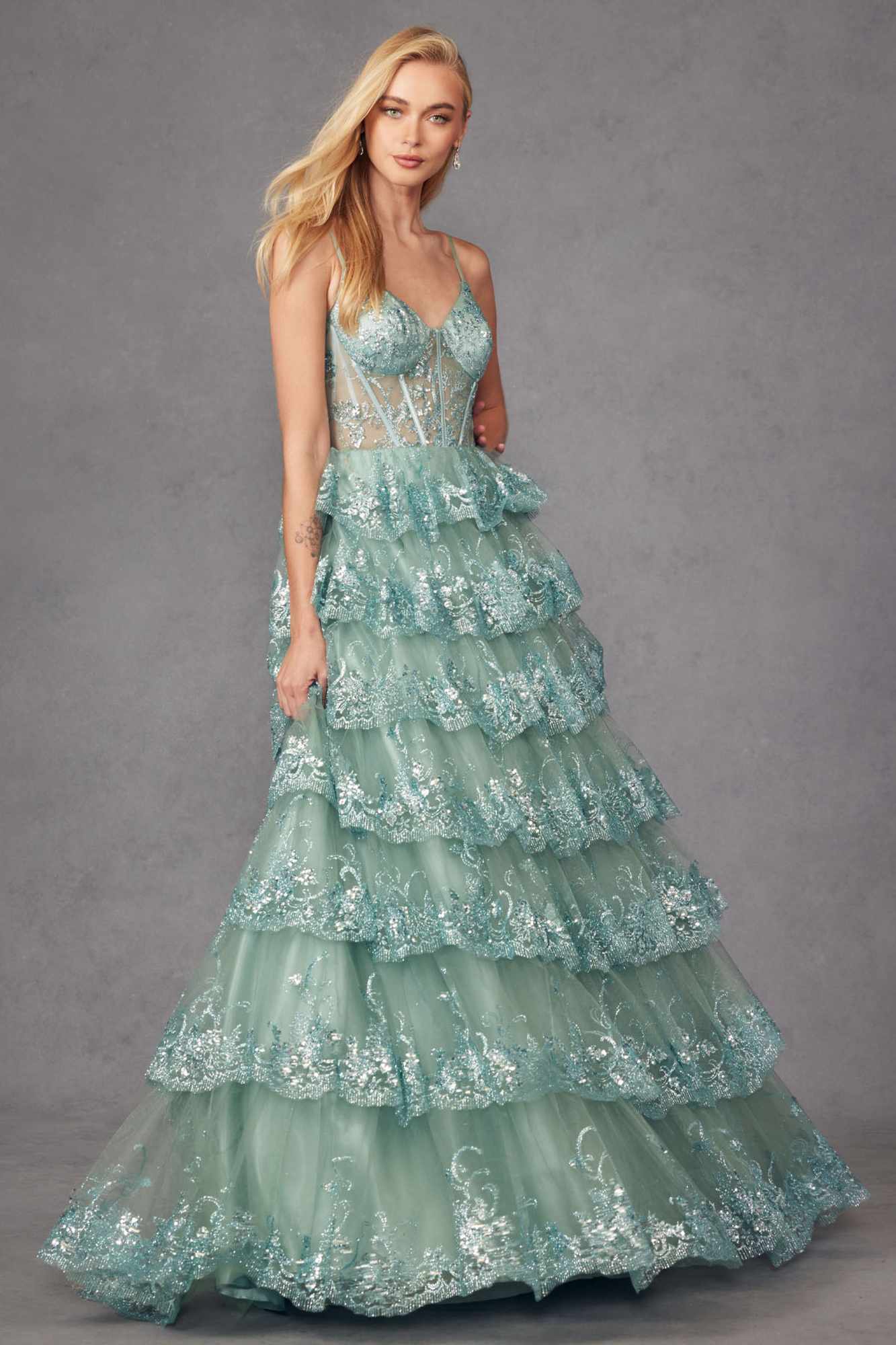 Juliet JT2454K Long Boned Bodice Tiered Layered Sequin Detail A-Line Gown