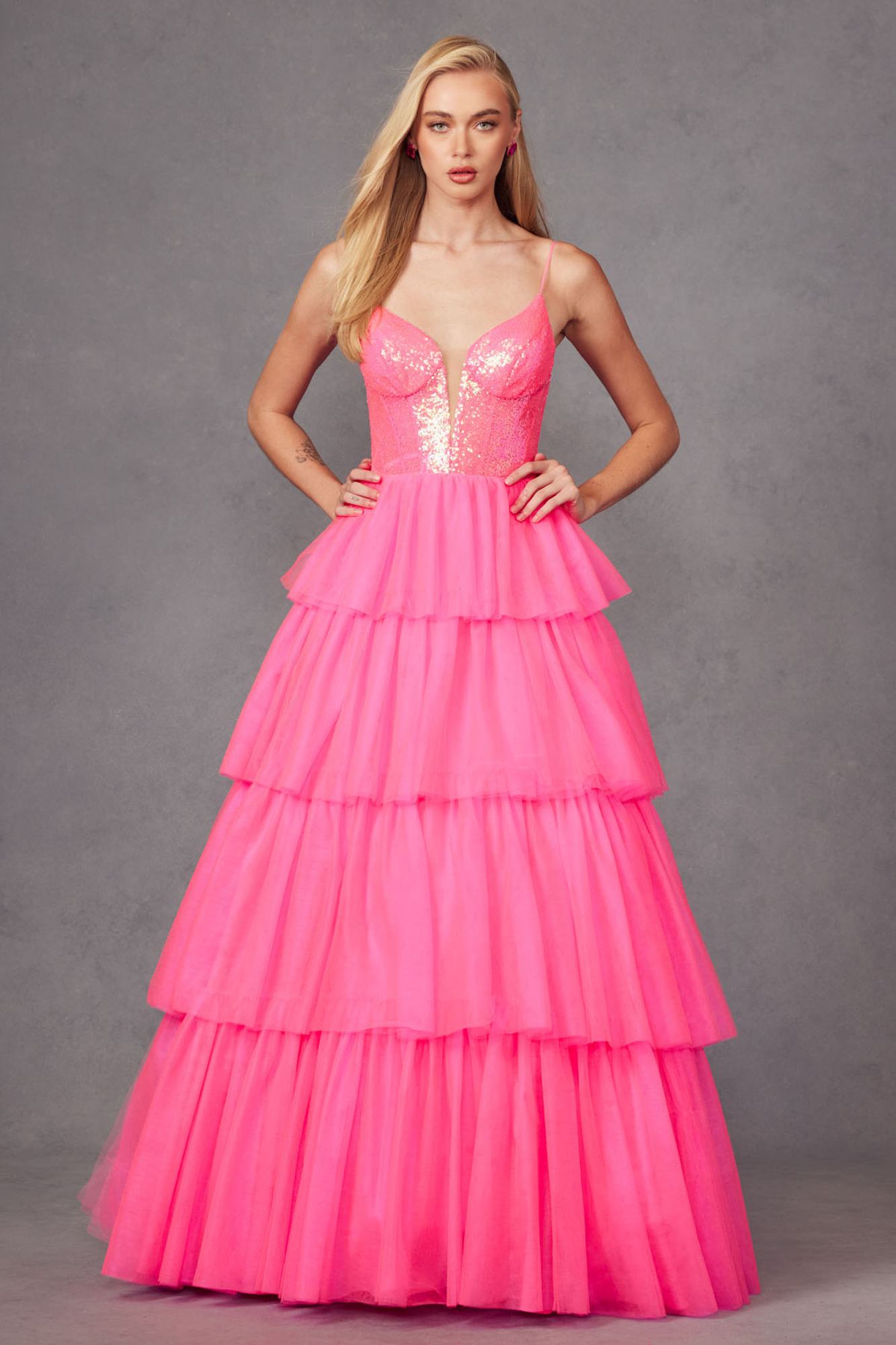 Juliet JT2457H Long Tiered Ruffled Tulle A-Line Sequin Bodice Dress