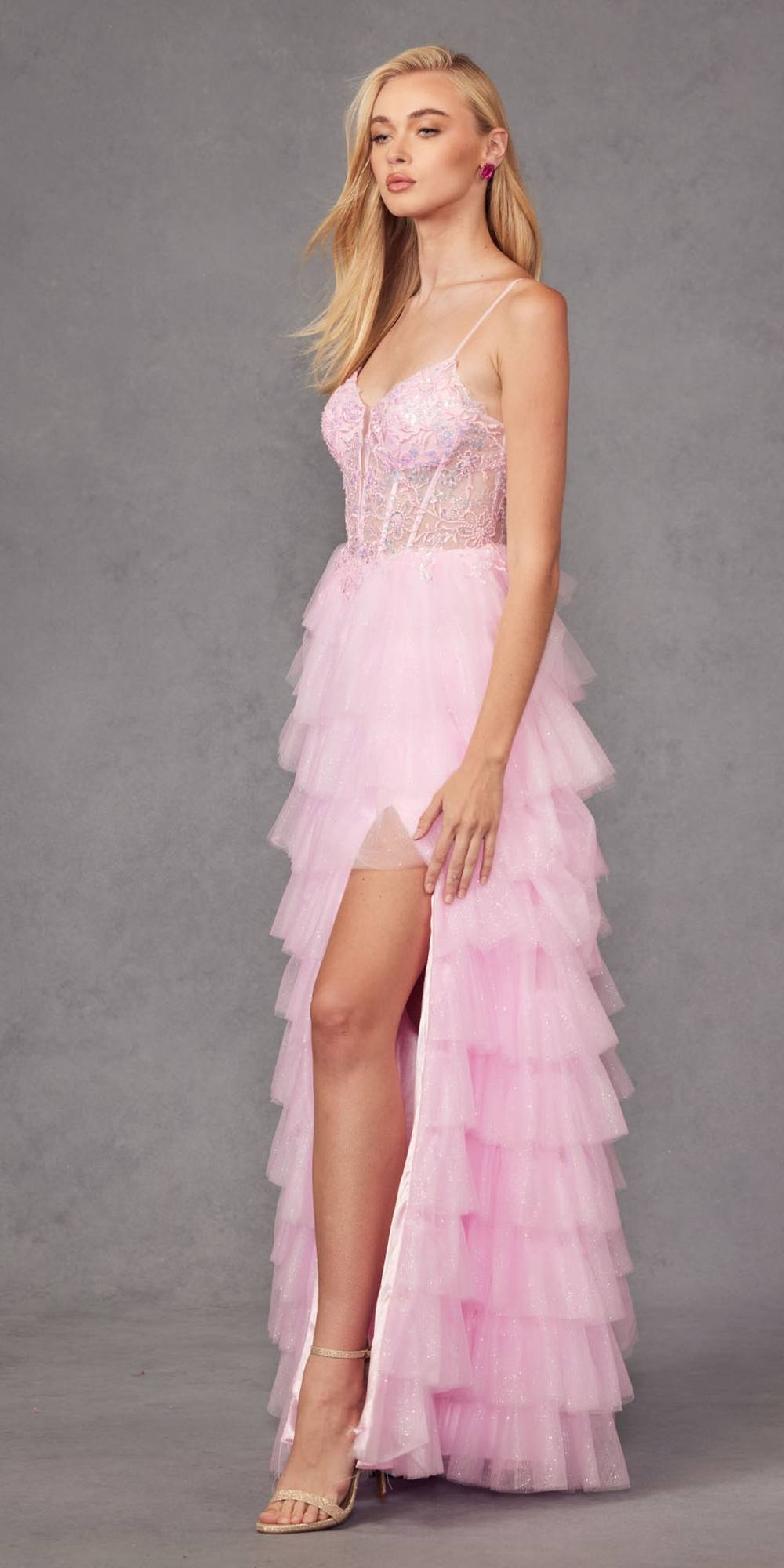 Juliet JT2458A Long Ruffle Tulle A-Line Ball Gown Bustier Bodice Thin Straps