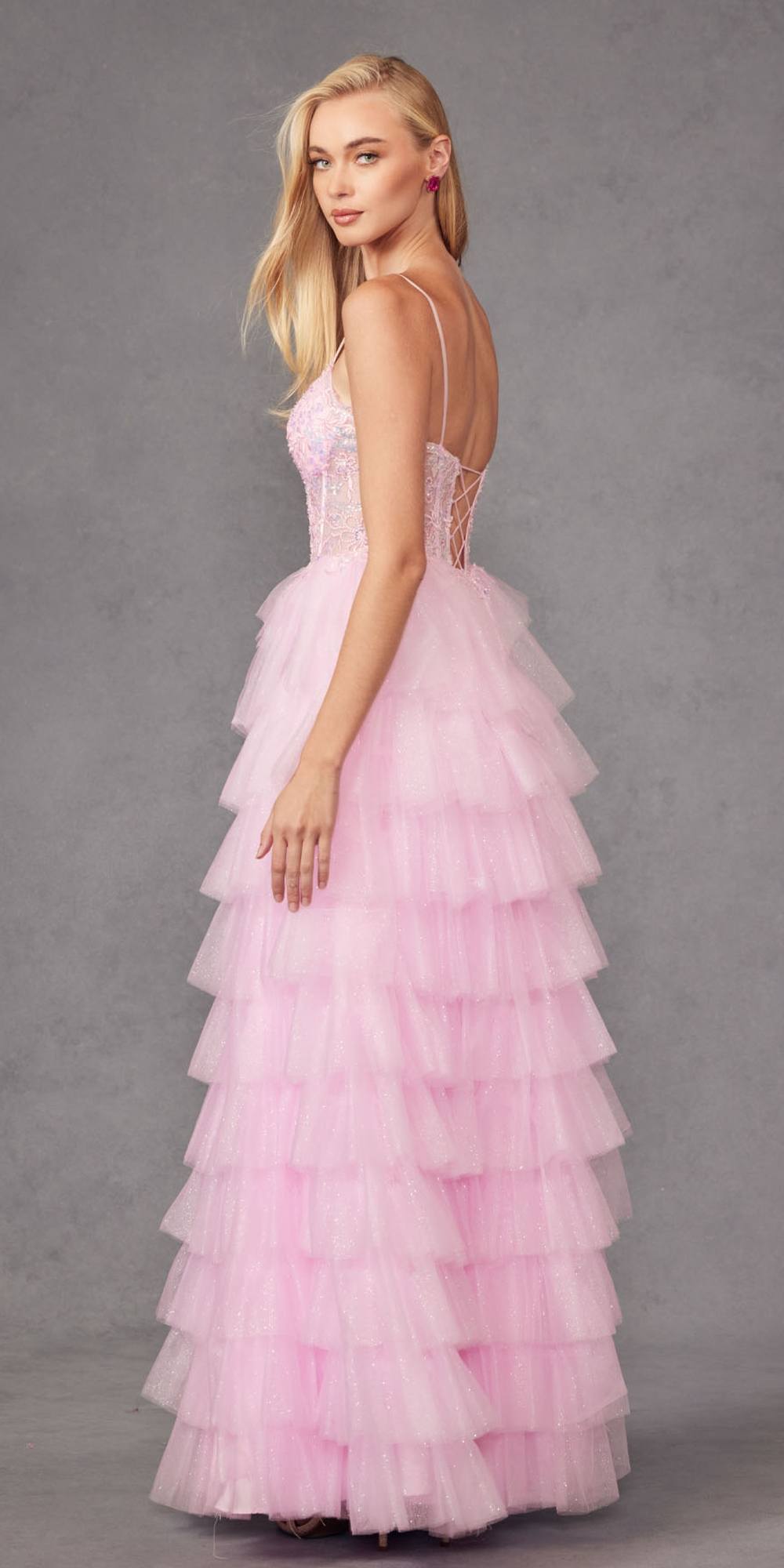 Juliet JT2458A Long Ruffle Tulle A-Line Ball Gown Bustier Bodice Thin Straps