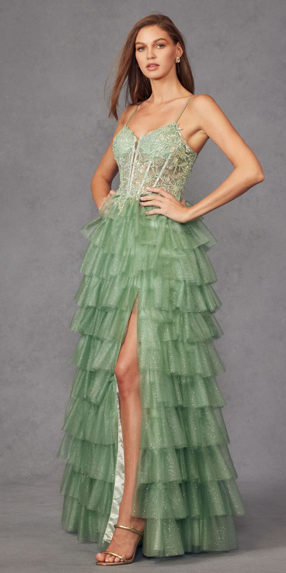 Juliet JT2458A Long Ruffle Tulle A-Line Ball Gown Bustier Bodice Thin Straps