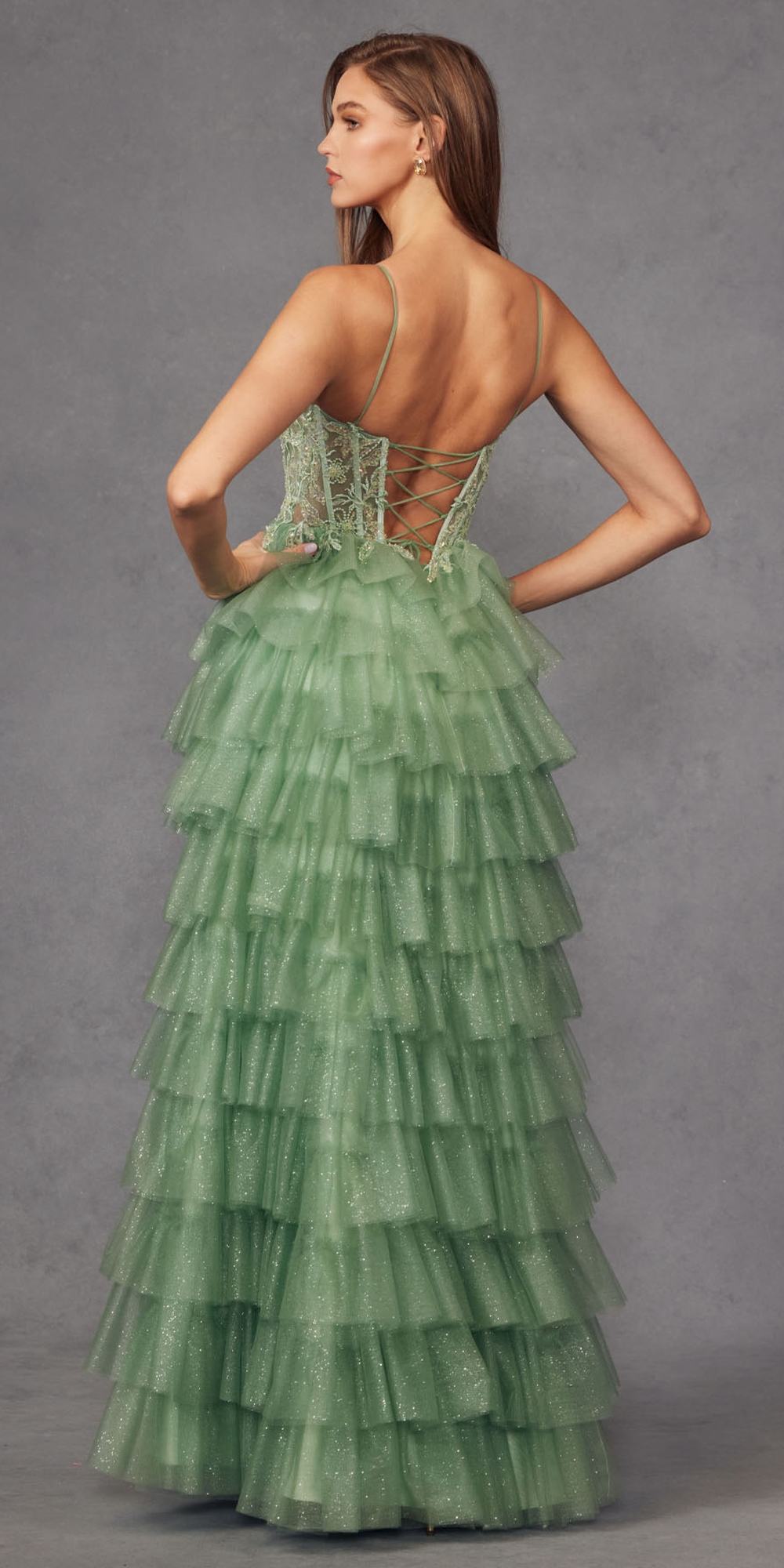 Juliet JT2458A Long Ruffle Tulle A-Line Ball Gown Bustier Bodice Thin Straps