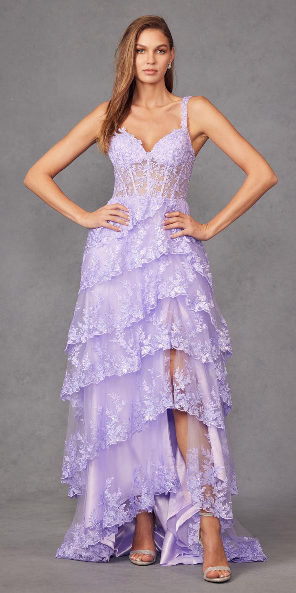 Juliet JT2463A Long Tiered Ruffled Skirt A-Line Boned Bodice Dress