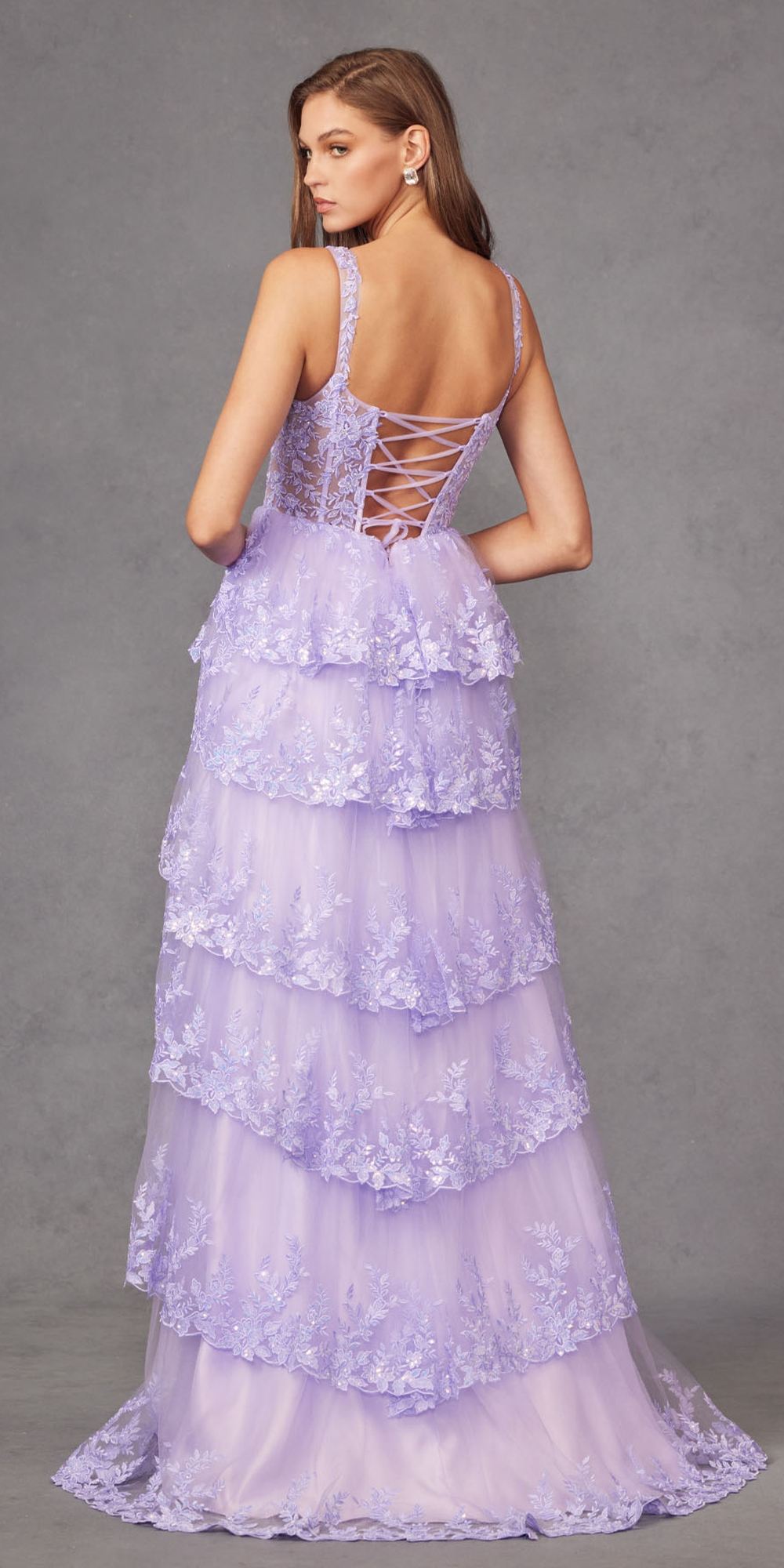 Juliet JT2463A Long Tiered Ruffled Skirt A-Line Boned Bodice Dress