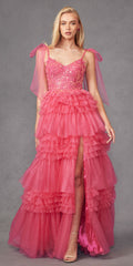 Juliet JT2465A Long Glitter Tulle A-Line Leg Slit Ribbon Bow Strap Gown