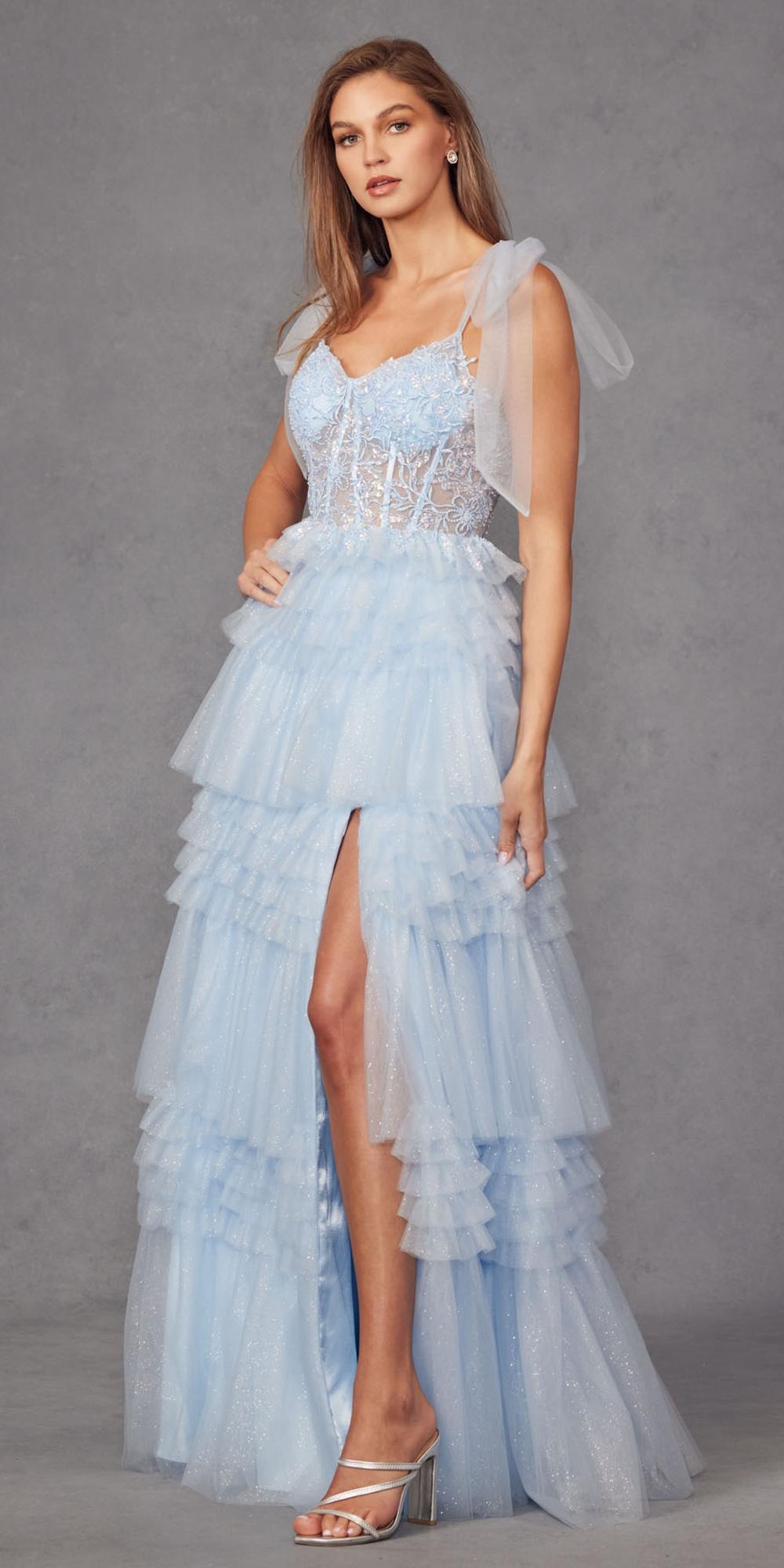 Juliet JT2465A Long Glitter Tulle A-Line Leg Slit Ribbon Bow Strap Gown