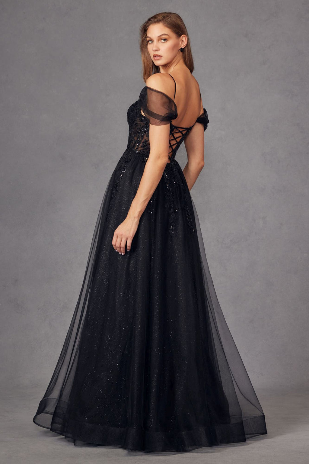 Juliet JT2466A Long Cold Shoulder Sweetheart Corset Bodice A-Line Gown
