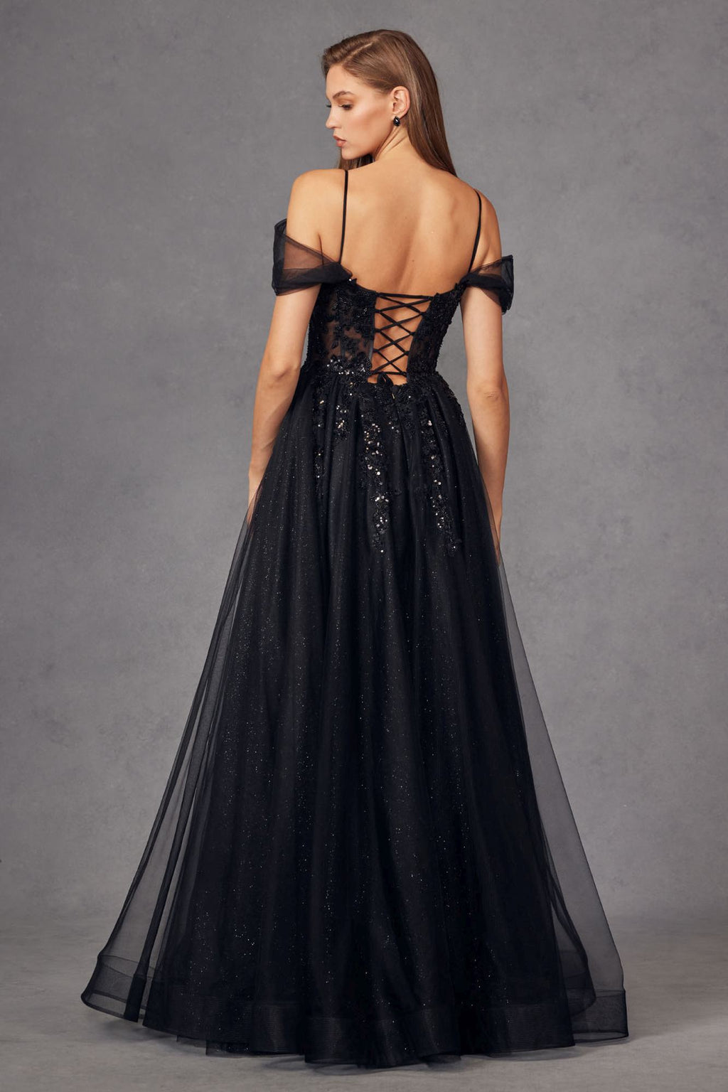 Juliet JT2466A Long Cold Shoulder Sweetheart Corset Bodice A-Line Gown