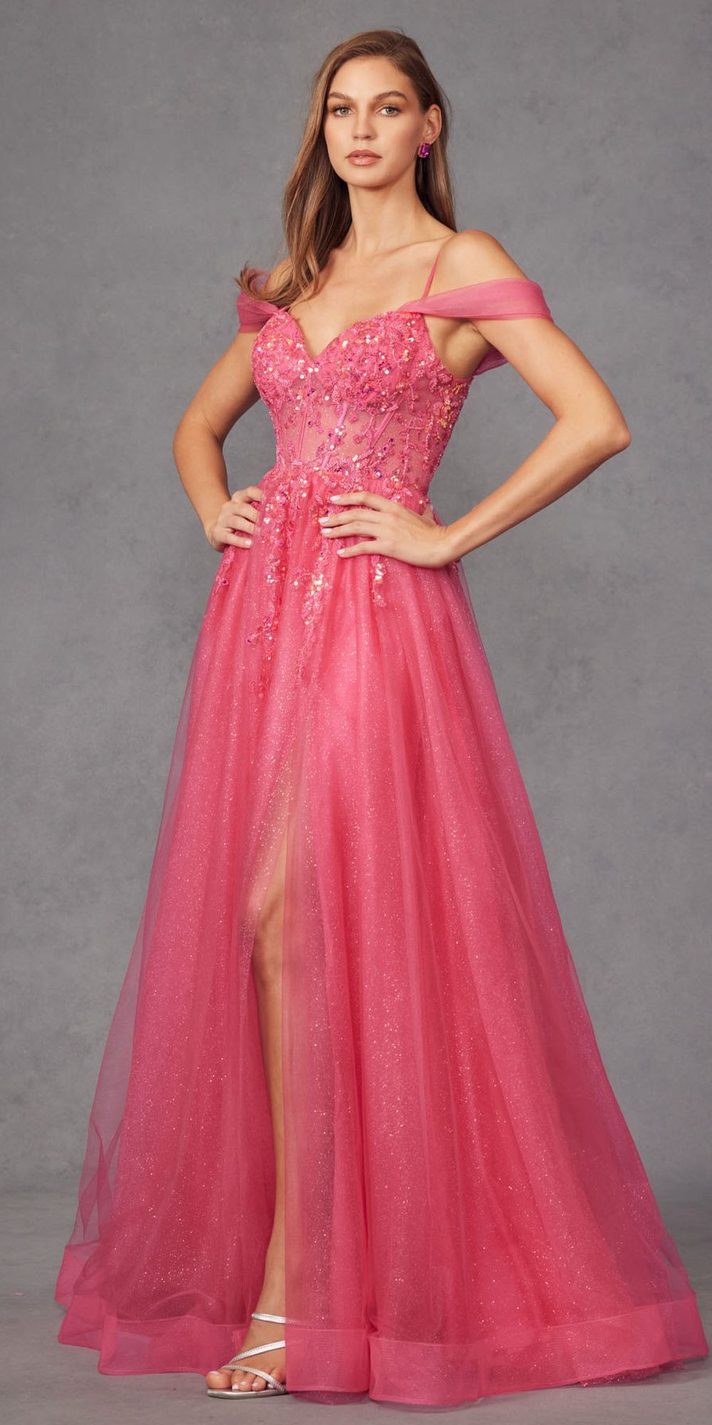 Juliet JT2466A Long Cold Shoulder Sweetheart Corset Bodice A-Line Gown