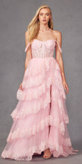 Juliet JT2467K Long Off the Shoulder Draped Sleeve A-Line Gown