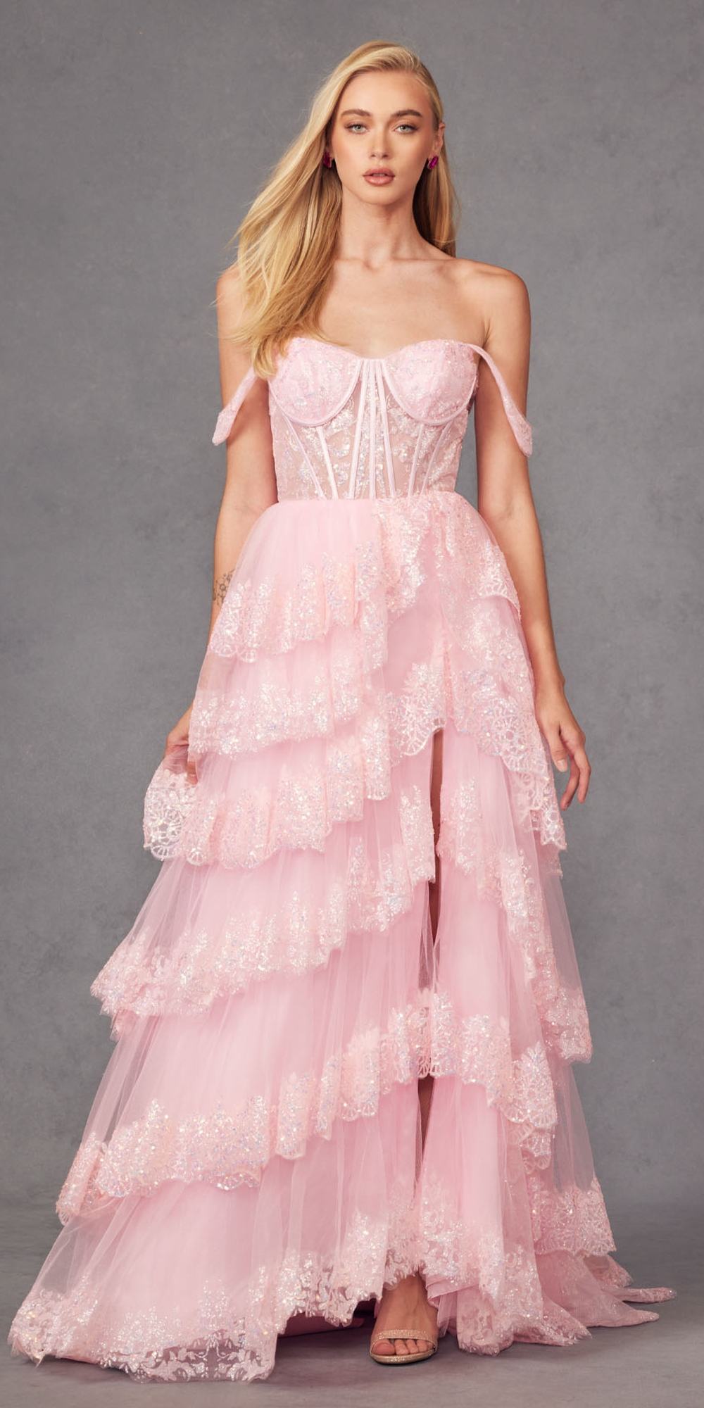Juliet JT2467K Long Off the Shoulder Draped Sleeve A-Line Gown