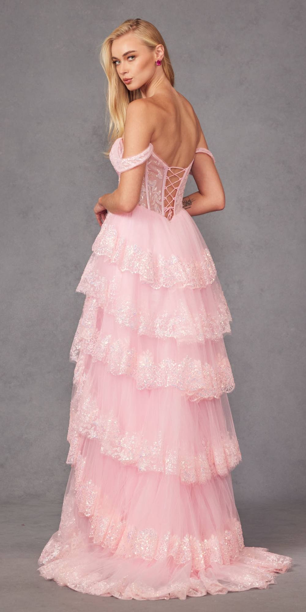 Juliet JT2467K Long Off the Shoulder Draped Sleeve A-Line Gown