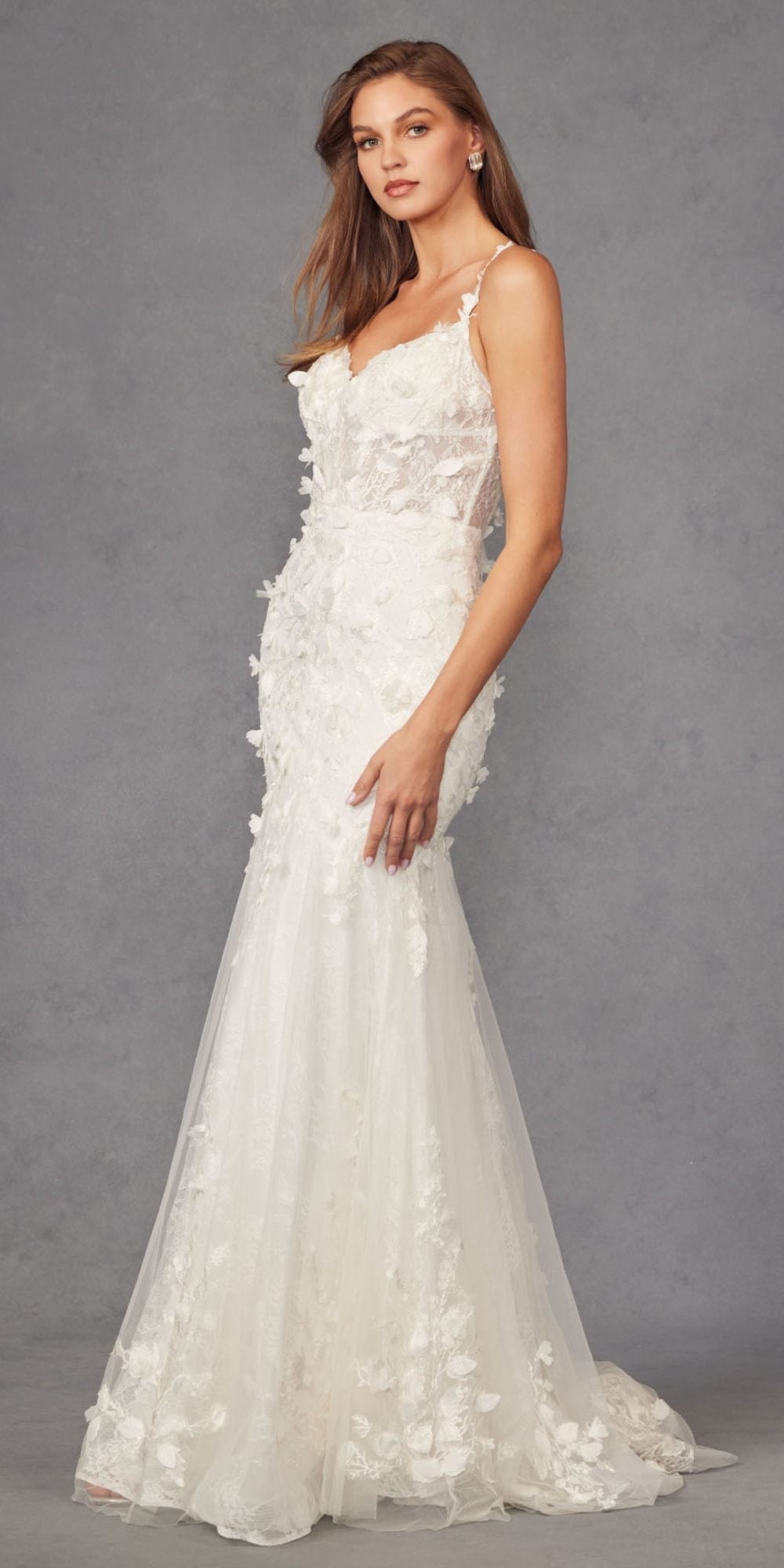 Juliet JT2475UW Long 3D Floral Applique Fitted Mermaid Gown