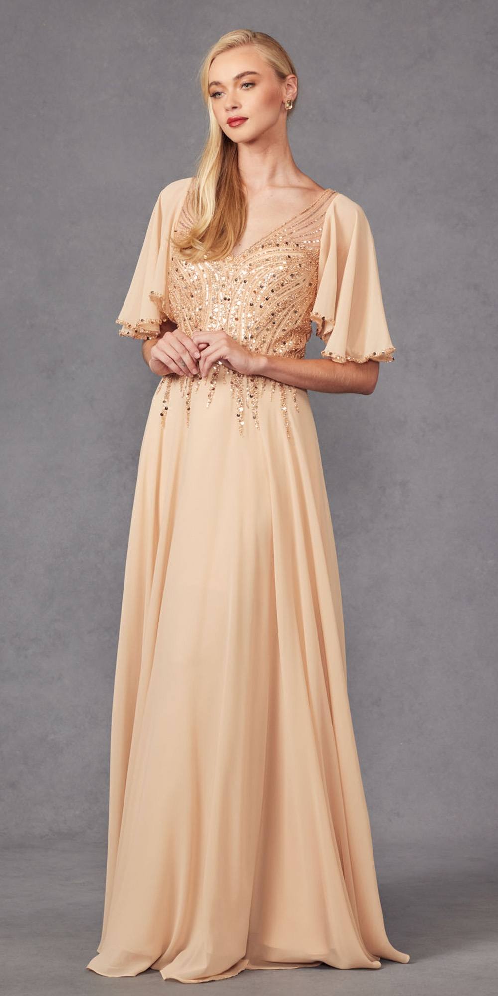 Juliet JTM14F Long A-Line Flutter Mid-Length Sleeve Evening Gown