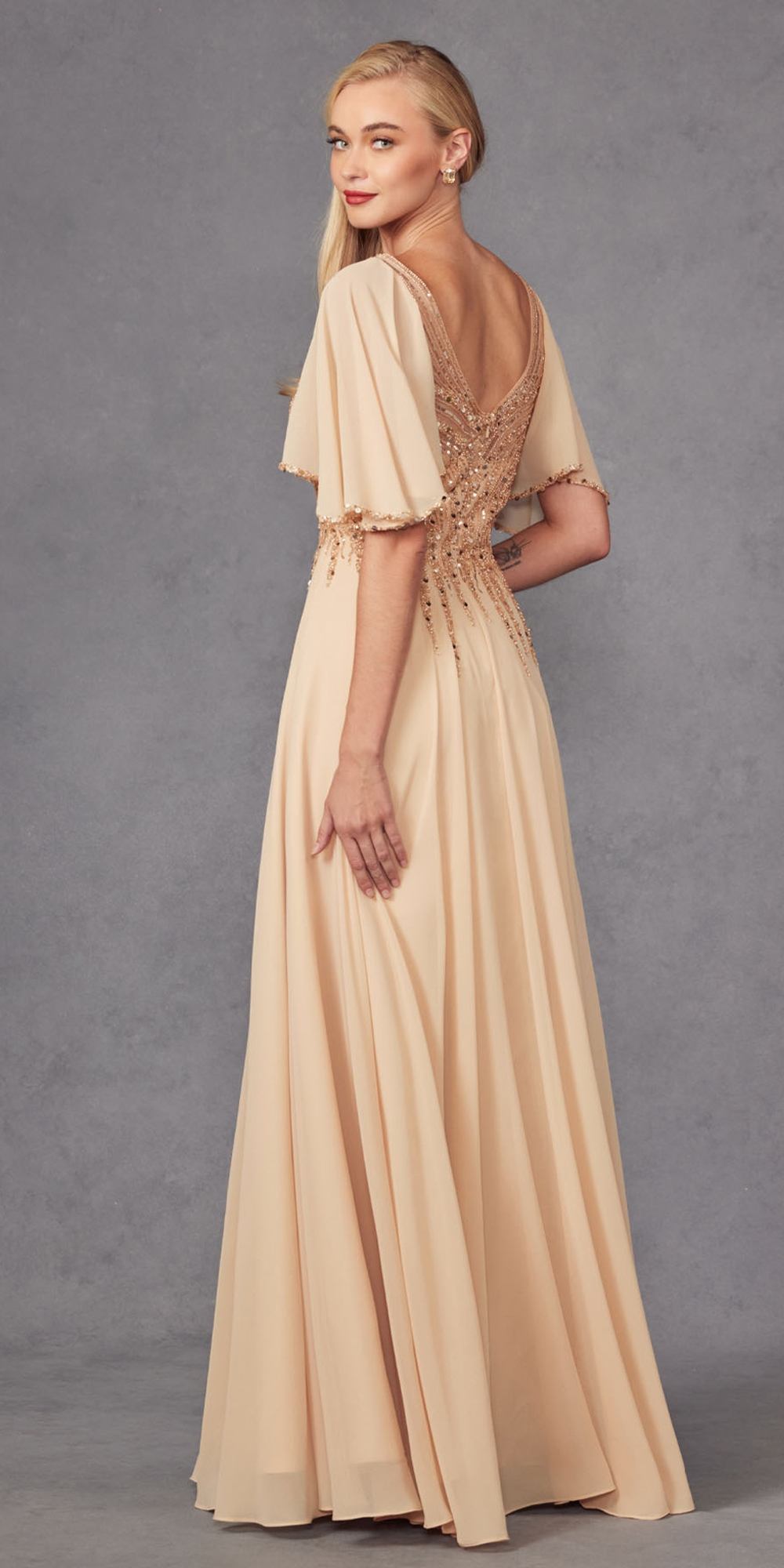 Juliet JTM14F Long A-Line Flutter Mid-Length Sleeve Evening Gown