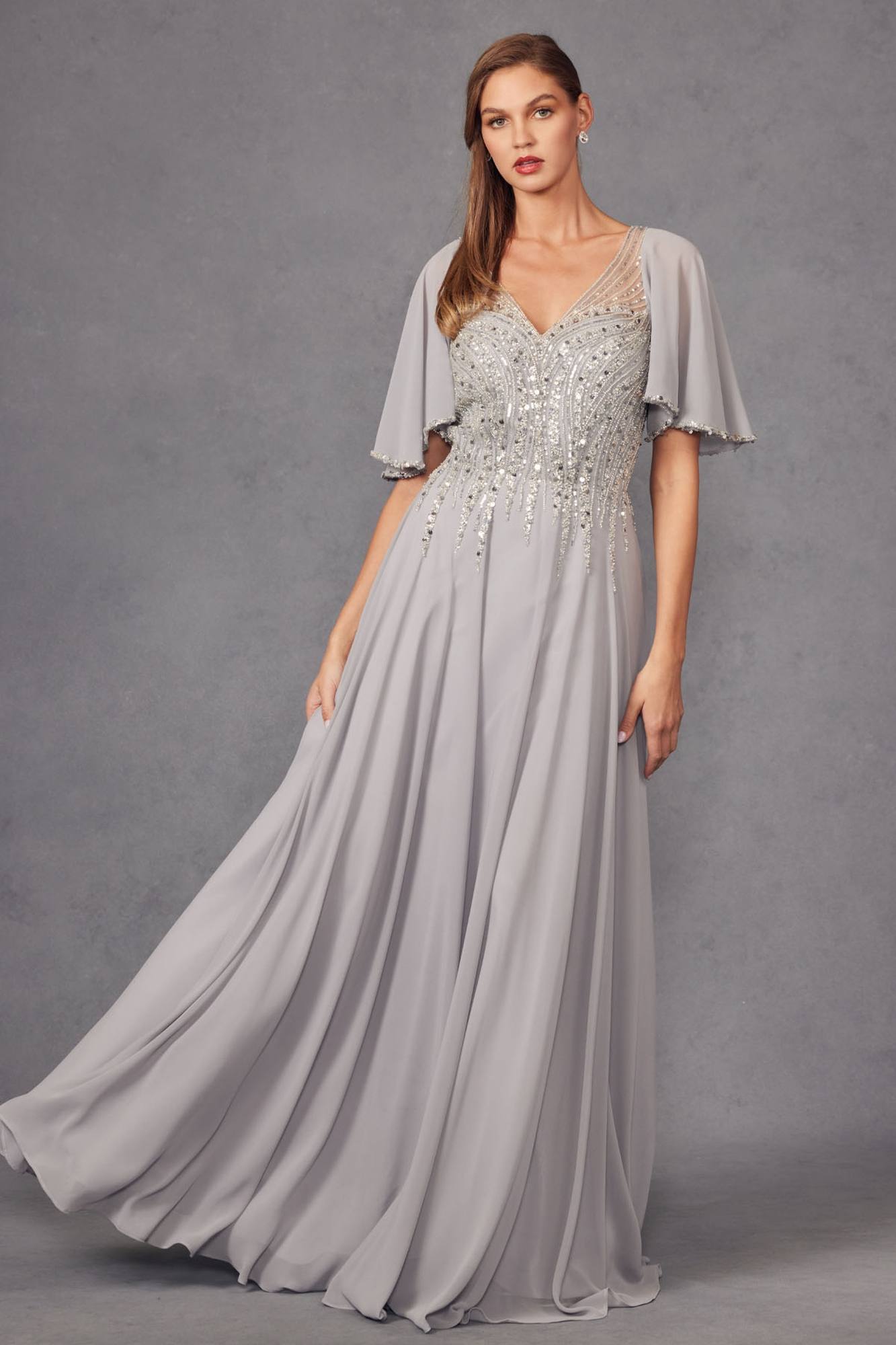 Juliet JTM14F Long A-Line Flutter Mid-Length Sleeve Evening Gown