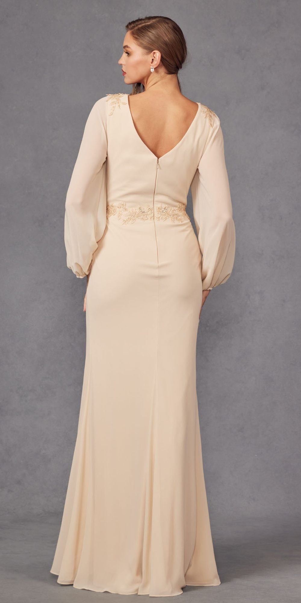 Juliet JTM16A Long Sleeve V-Neck Embroidered Applique Evening Gown