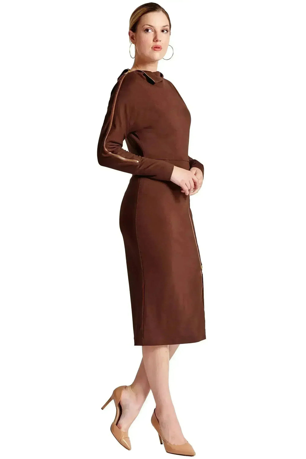 Josefa Asymmetric Convertible Midi Dress - Gold Zipper Detail