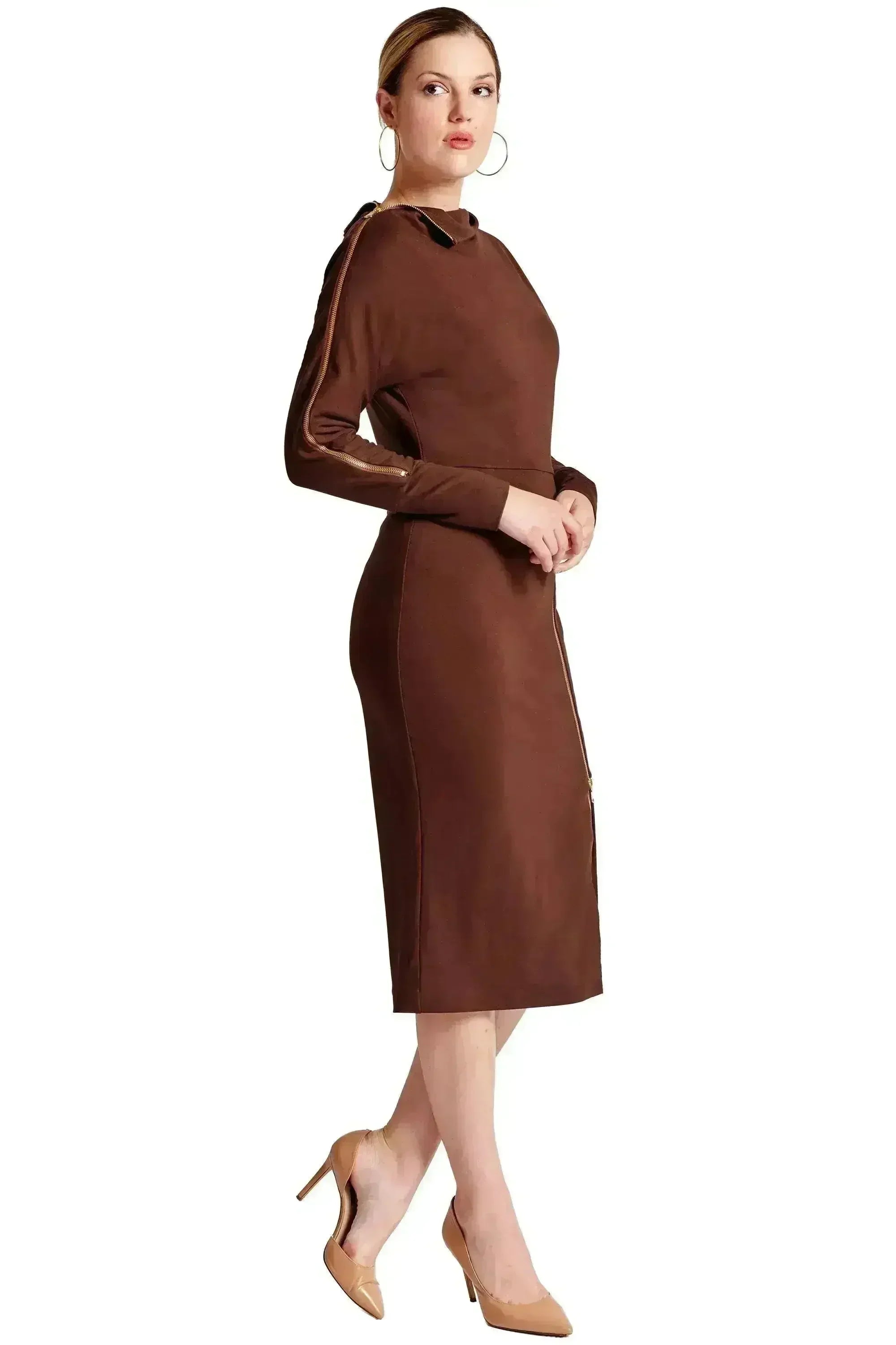 Josefa Asymmetric Convertible Midi Dress - Gold Zipper Detail