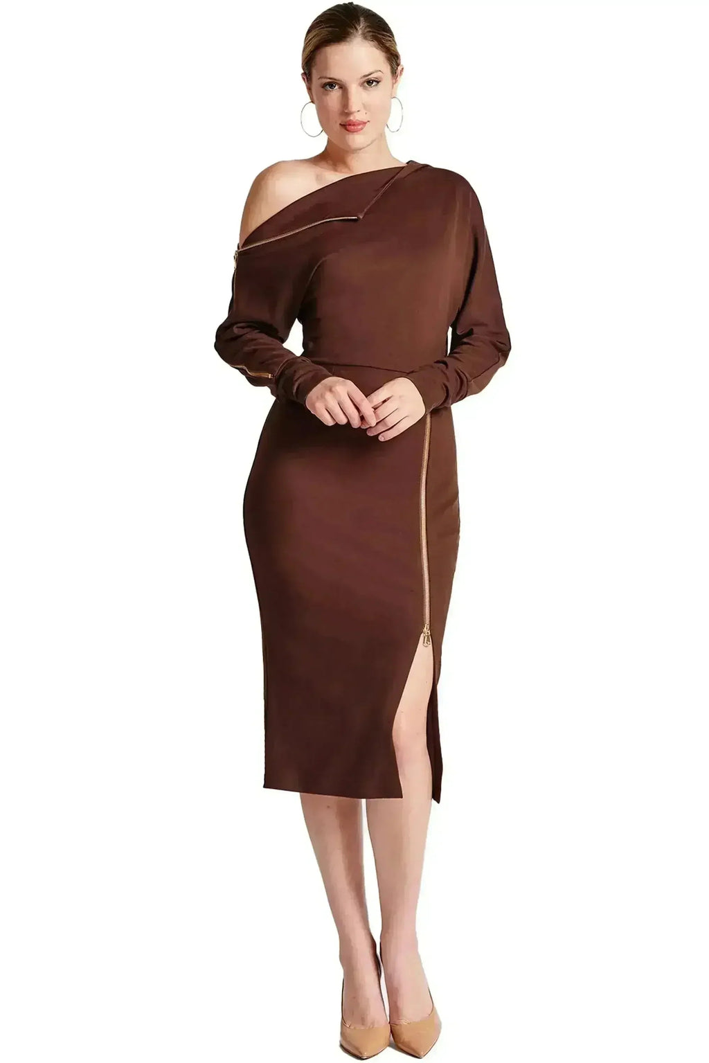 Josefa Asymmetric Convertible Midi Dress - Gold Zipper Detail