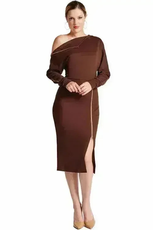 Josefa Asymmetric Convertible Midi Dress - Gold Zipper Detail