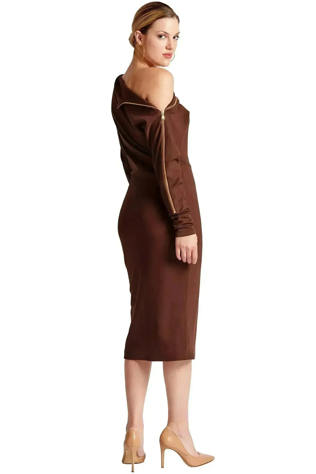 Josefa Asymmetric Convertible Midi Dress - Gold Zipper Detail