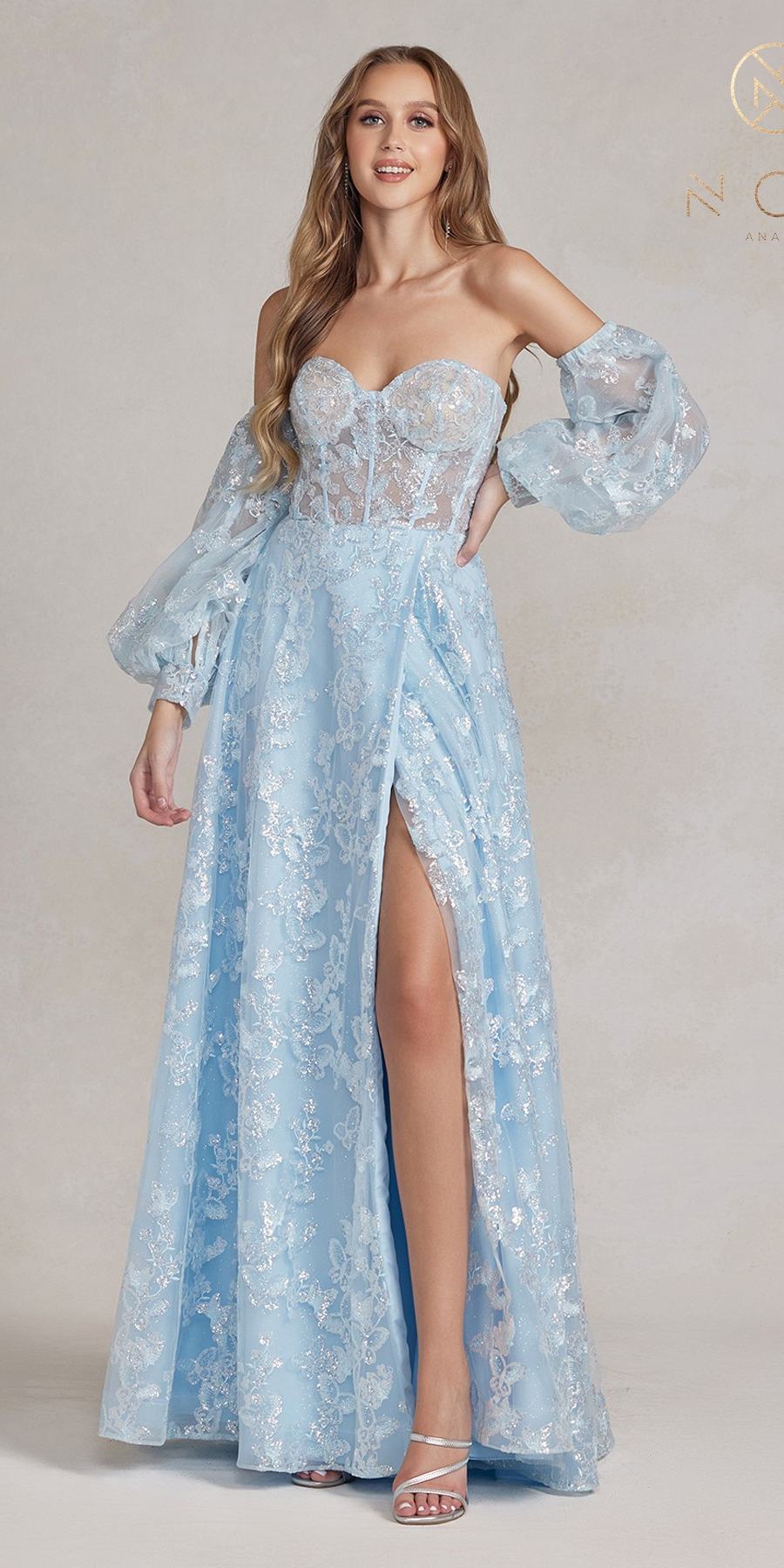 Nox Anabel K1155 Floor Length Butterfly Puff Sleeve Gown