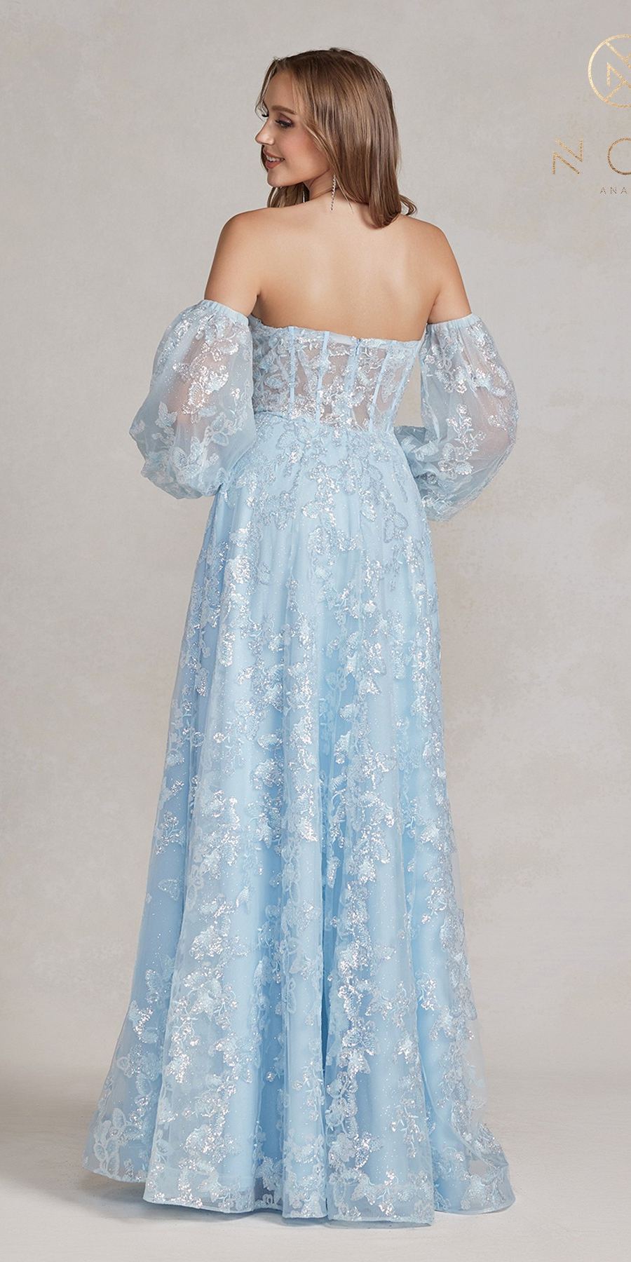 Nox Anabel K1155 Floor Length Butterfly Puff Sleeve Gown