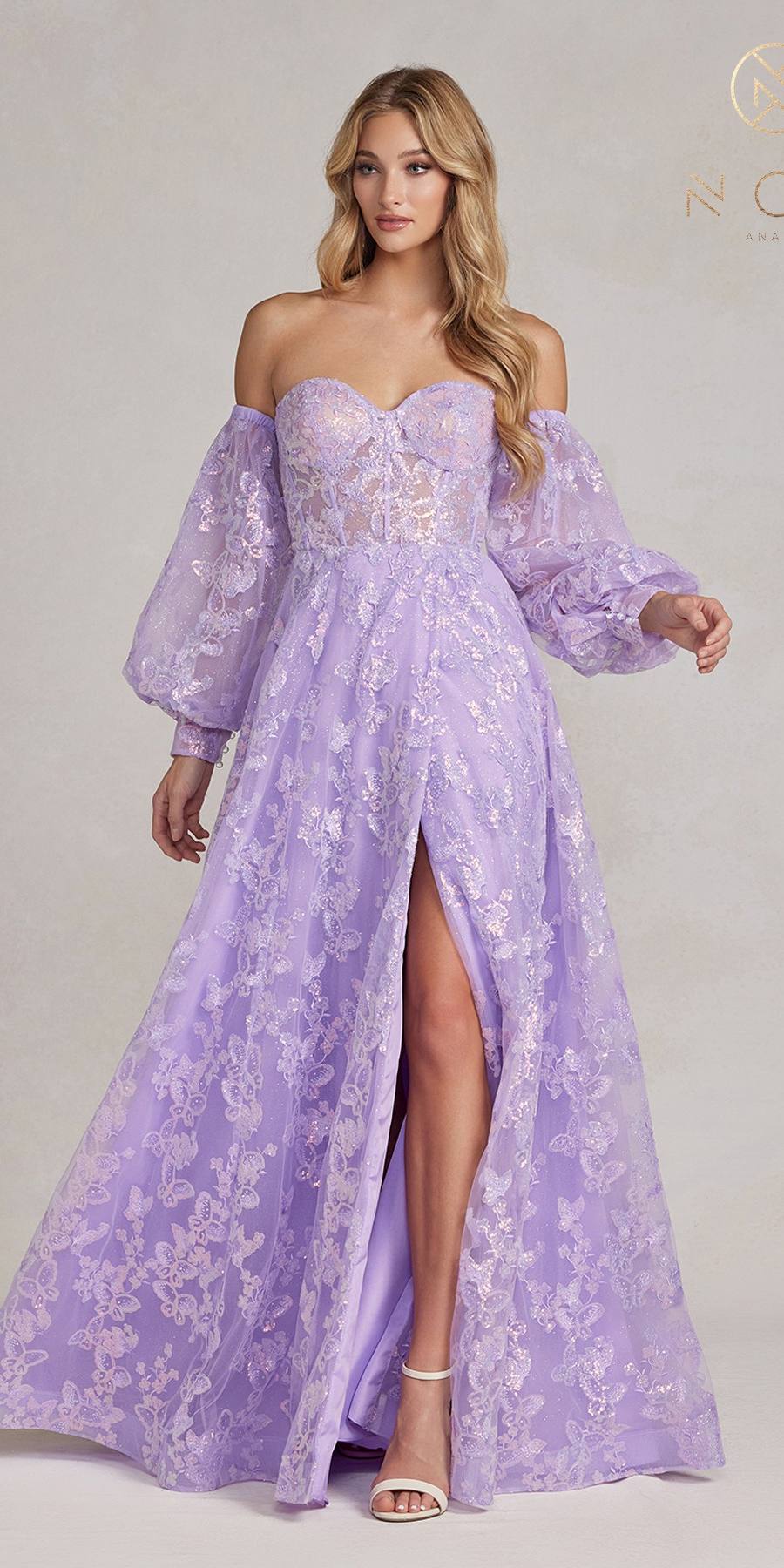 Nox Anabel K1155 Floor Length Butterfly Puff Sleeve Gown