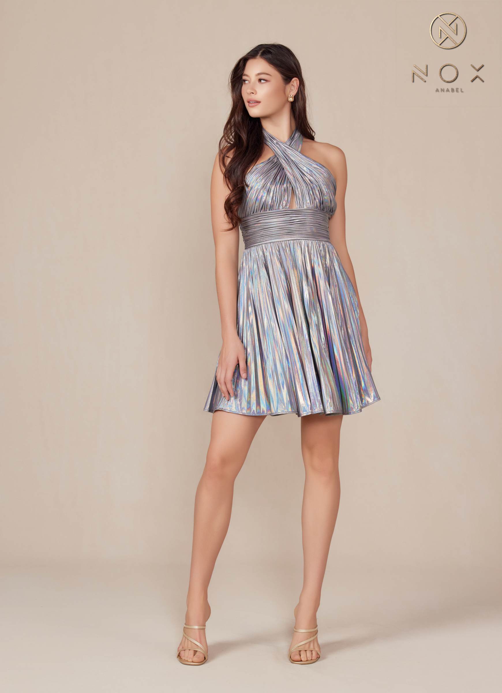 Nox Anabel K822 Short Halter Top Pleated Homecoming Dress