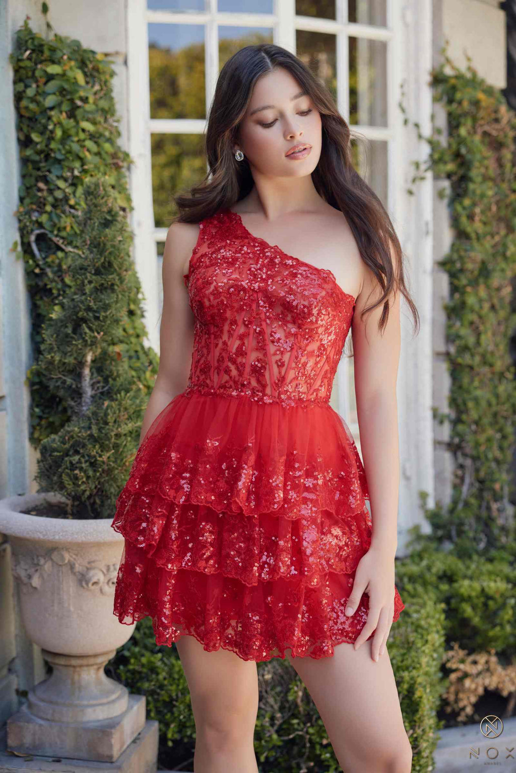 Nox Anabel K855 One Shoulder A-Line Embellished Homecoming Dress