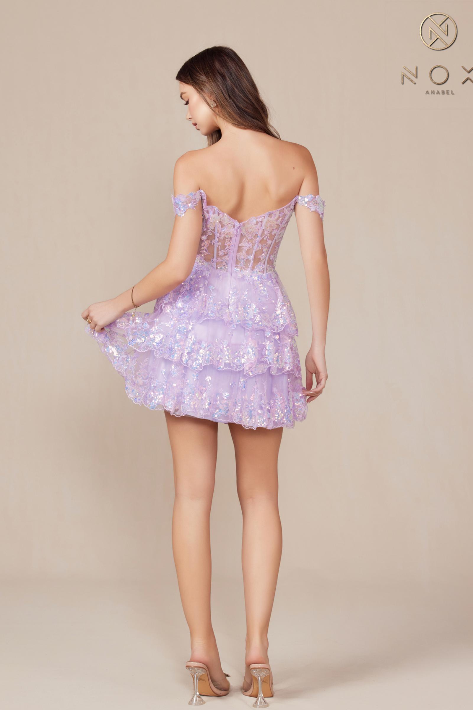 Nox Anabel K856 Short Off the Shoulder A-Line Tiered Skirt Dress