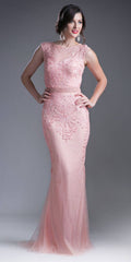 CLEARANCE - Cinderella Divine KC1736 Fitted Peach Long Lace Dress Cap Sleeved (Size 6)