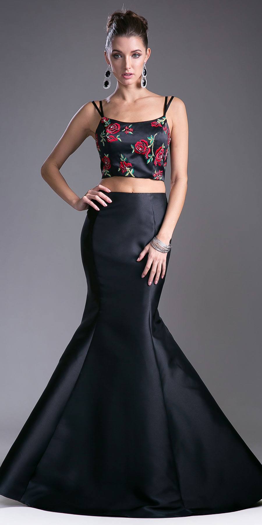 Cinderella Divine KC1737 Two-Piece Gown Embroidered Crop Top